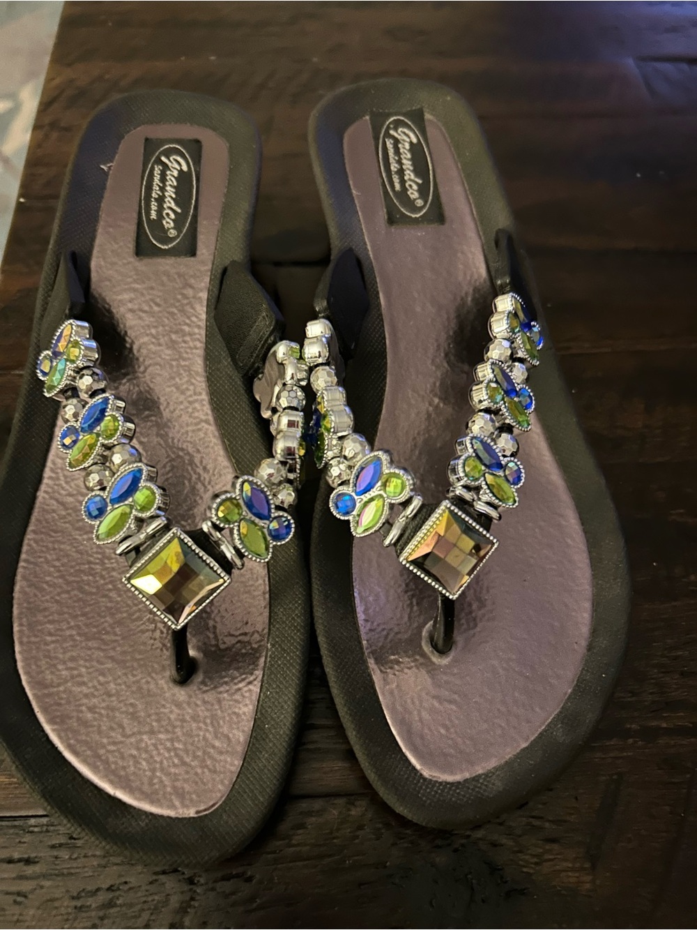 Gransdeco Jeweled Black and Purple Thong Sandals